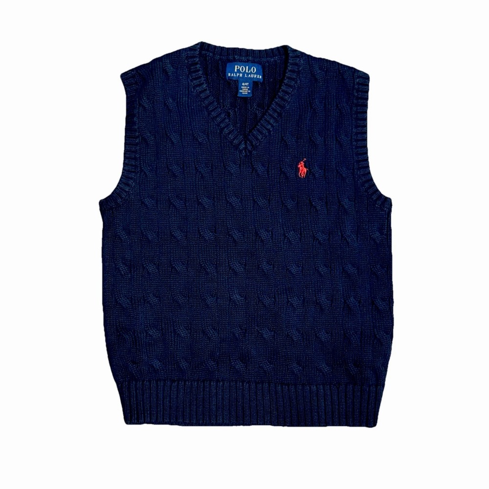 Polo Ralph Lauren Sweater‎ Boys Cable Knit Vest 4T Navy Blue V Neck Pullover